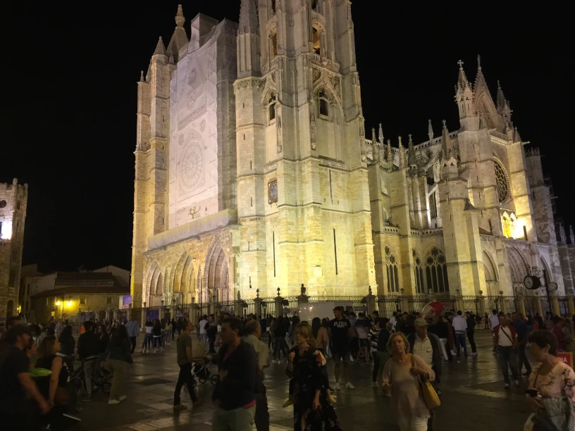This is an image of
               the León Cathedral at night.