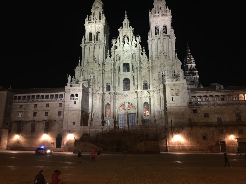 This is an image of
               the Santiago de Compostela main Cathedral at night.